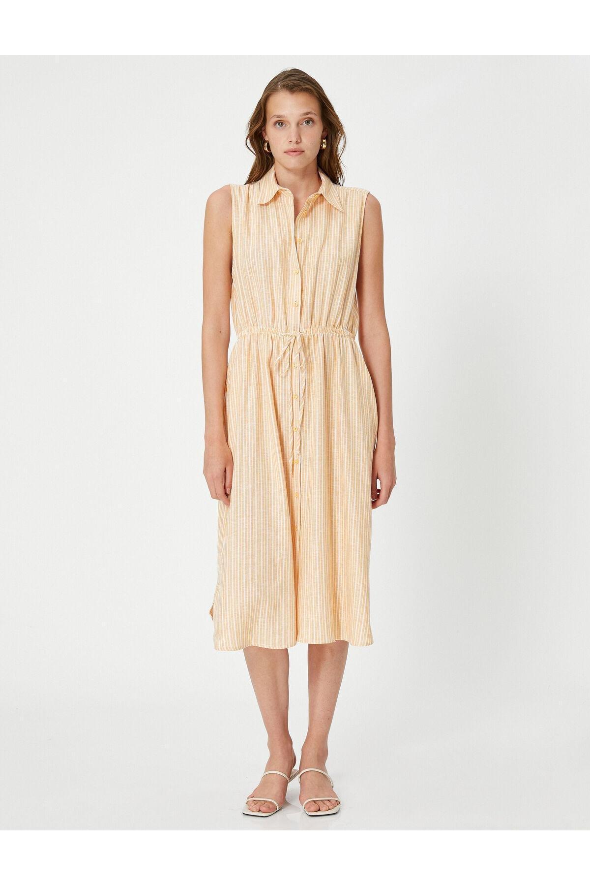 Yellow Striped Sleeveless Midi Shirt Dress, , large image number 3