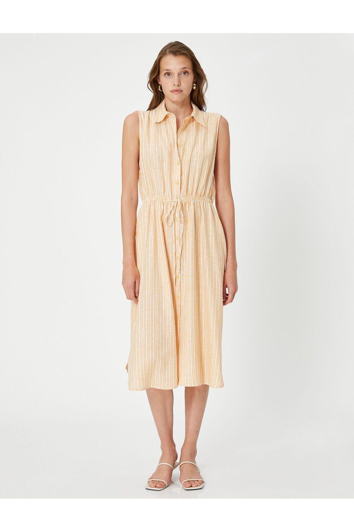 Yellow Striped Sleeveless Midi Shirt Dress, , large image number 4