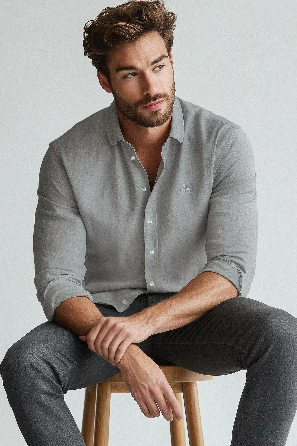 Grey Embroidered Oxford Shirt, C101_1653, large image number 0