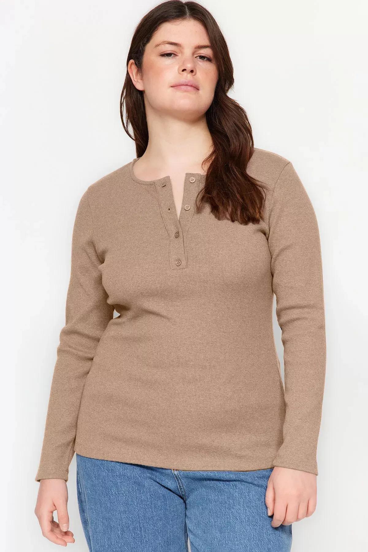 بلوزة مضلعة بفتحة رقبة مستديرة، بيج, Mink, large image number 1