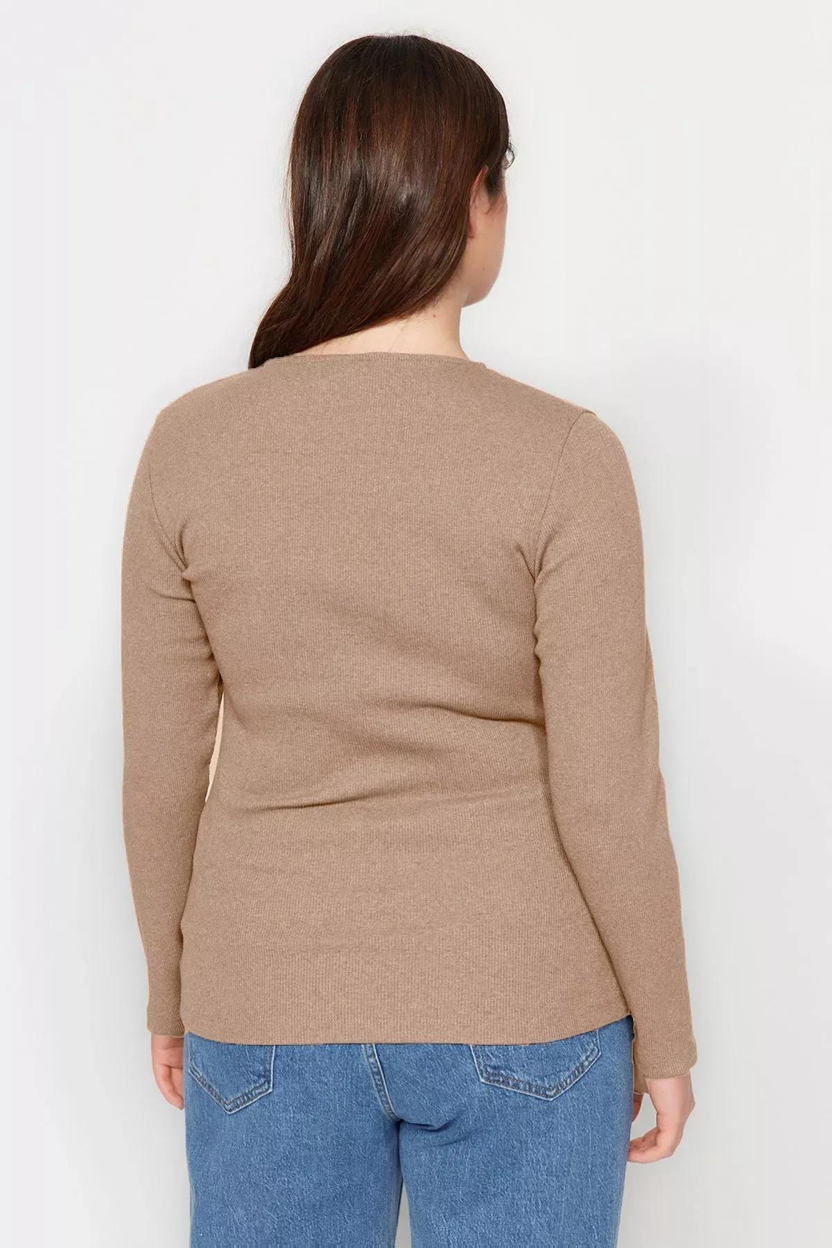 بلوزة مضلعة بفتحة رقبة مستديرة، بيج, Mink, large image number 6