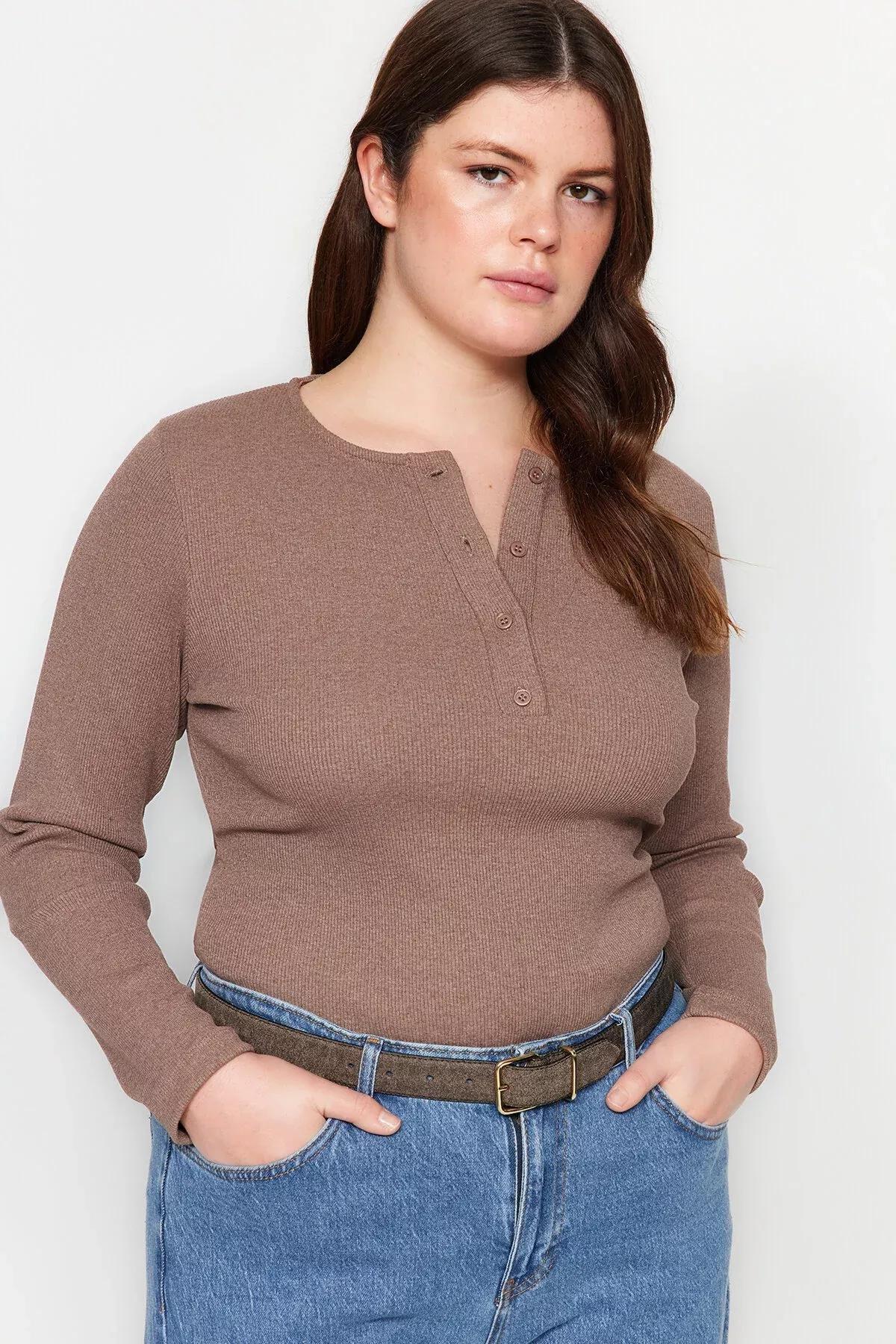 بلوزة مضلعة بفتحة رقبة مستديرة، بيج, Mink, large image number 7