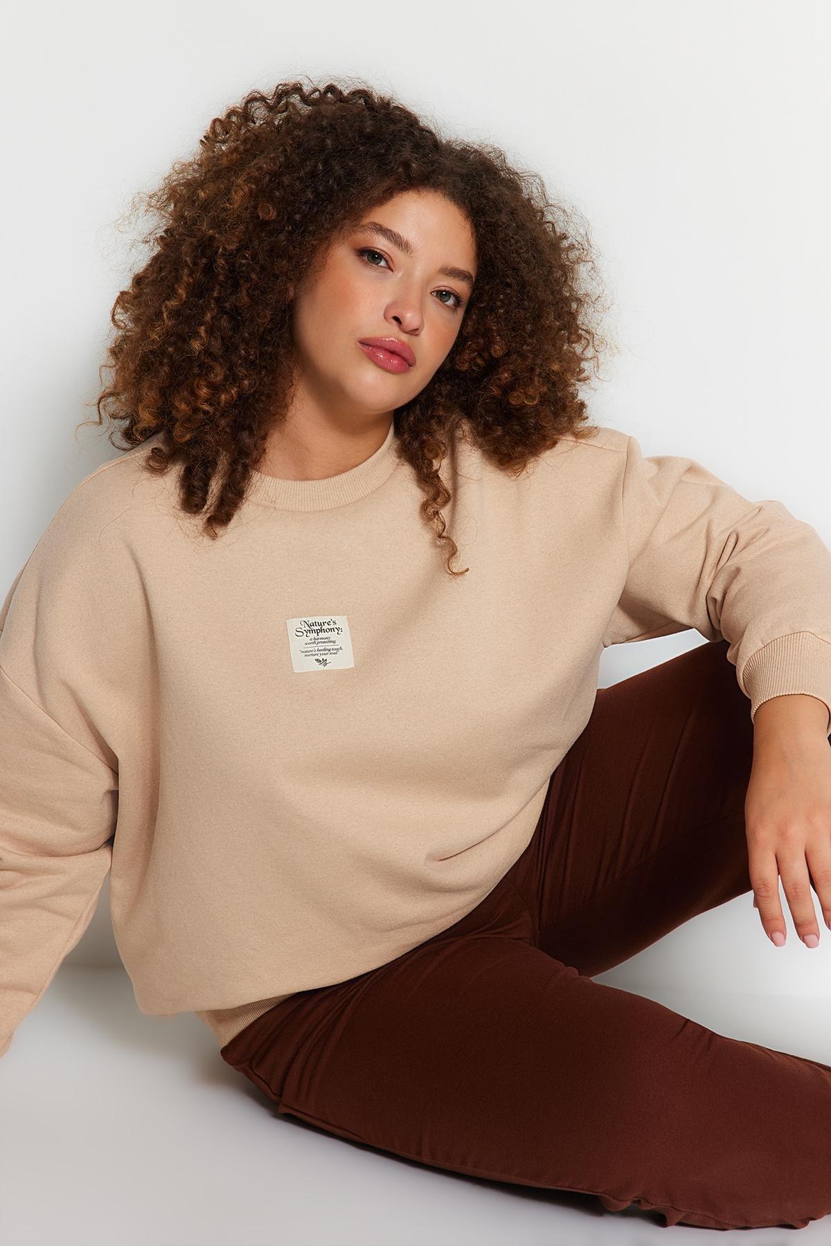 Beige Embroidered Knitted Sweatshirt, Beige, large image number 1