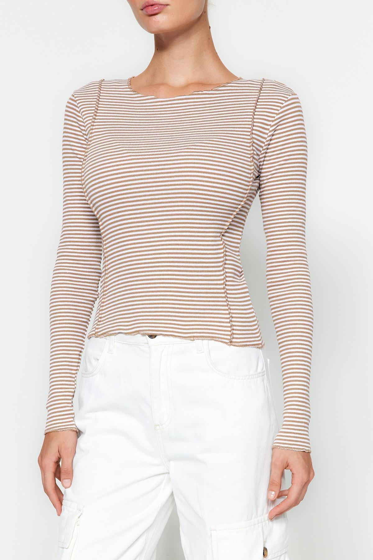 Trendyol - Brown Stripe Ribbed Knitted Blouse