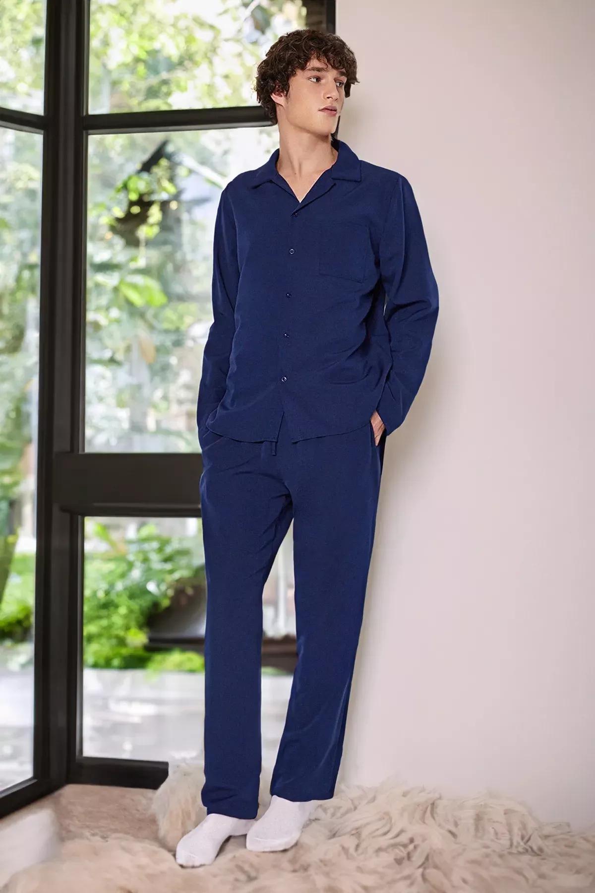 Navy Plaid Woven Pyjama Set, Navy blue, large image number 0
