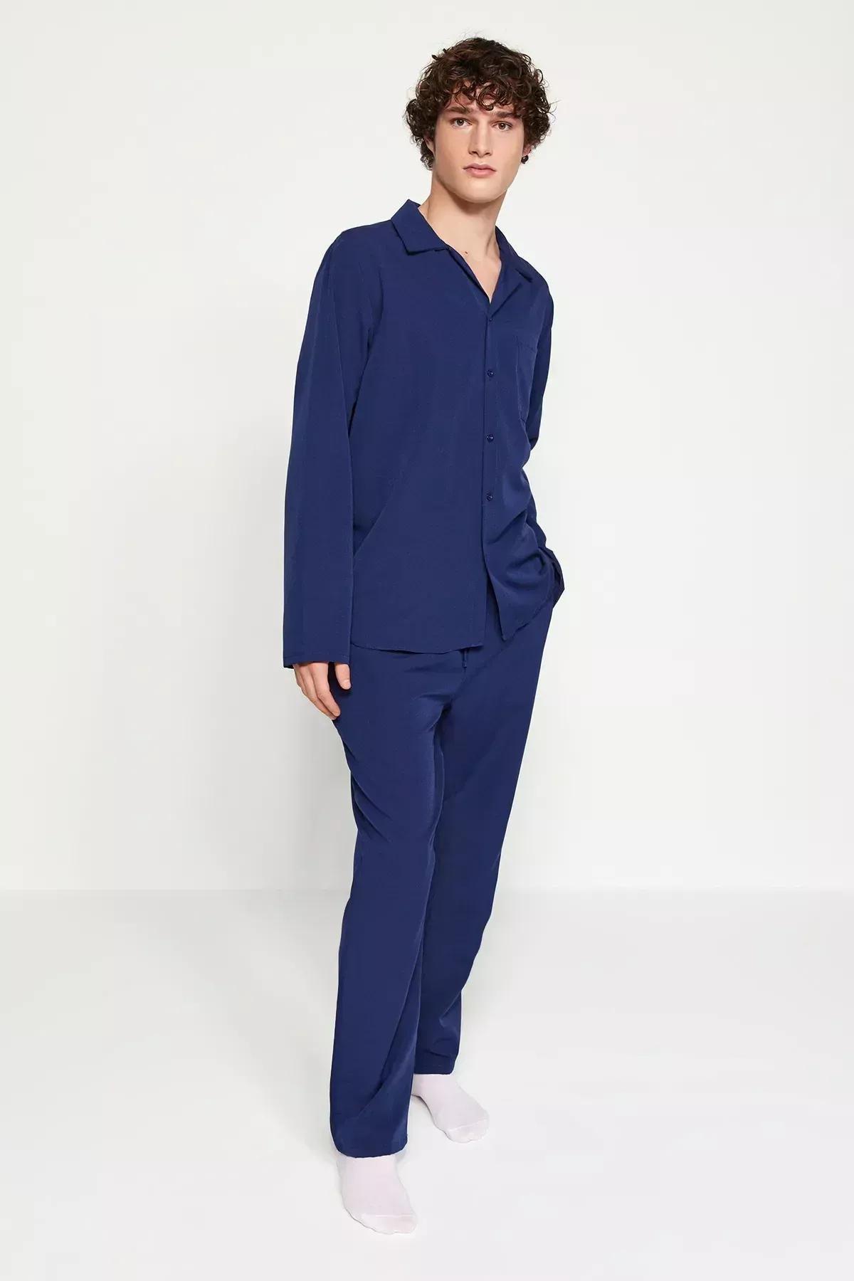 Navy Plaid Woven Pyjama Set, Navy blue, large image number 1
