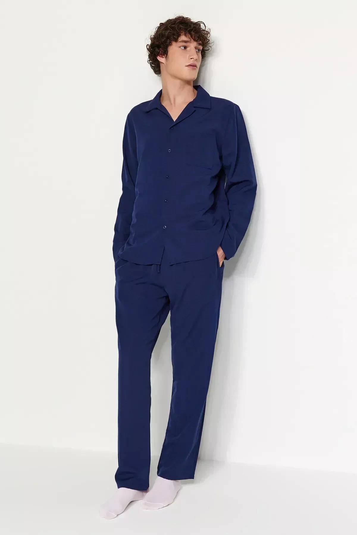 Navy Plaid Woven Pyjama Set, Navy blue, large image number 2