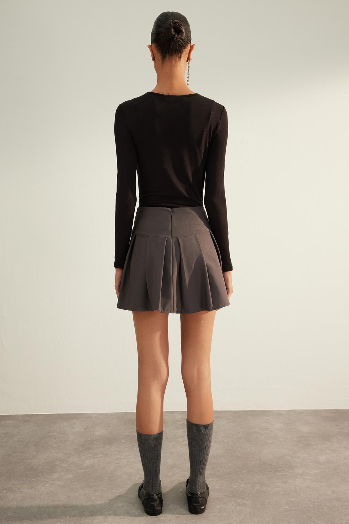 Anthracite Premium High Quality Pleated Mini Length Woven Skirt TWOAW24ET00309, single, , large image number 5