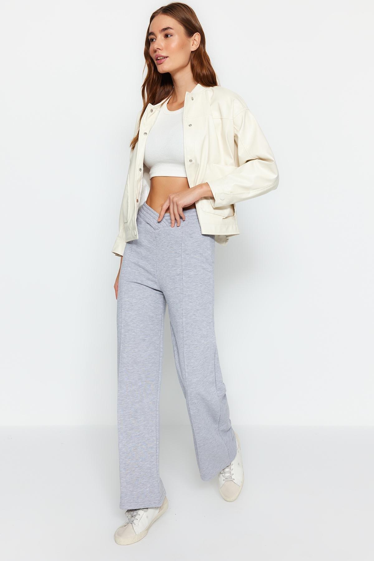 Gray Melange Thick Wide Leg/Wide Legs Waist Detail Knitted Knit Sweatpants TWOAW24EA00036., GRAY MELANGE, large image number 0