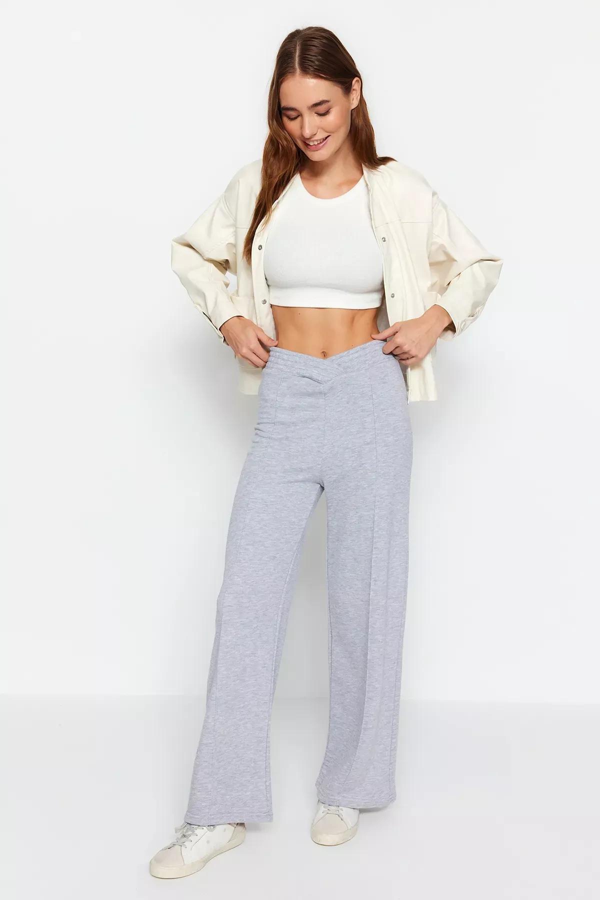 Gray Melange Thick Wide Leg/Wide Legs Waist Detail Knitted Knit Sweatpants TWOAW24EA00036., GRAY MELANGE, large image number 1