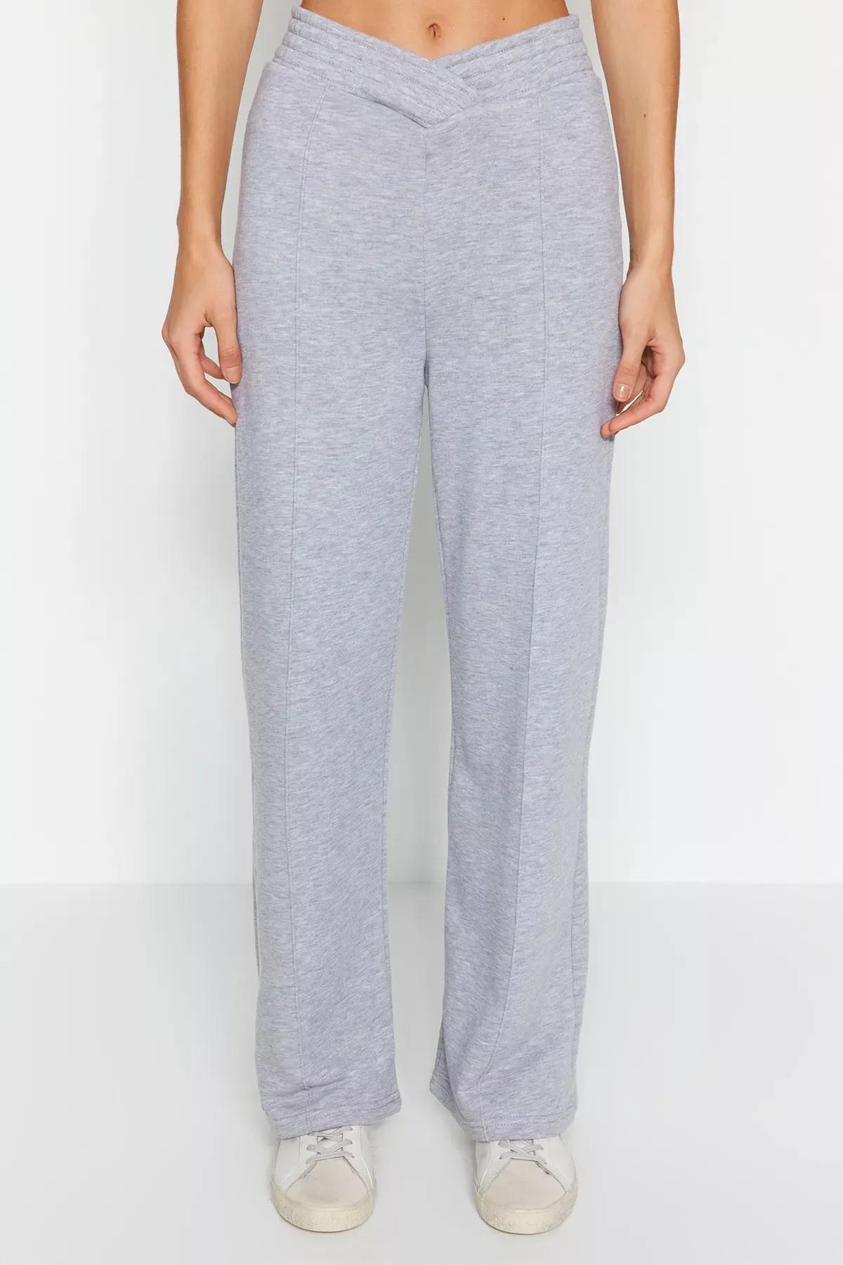 Gray Melange Thick Wide Leg/Wide Legs Waist Detail Knitted Knit Sweatpants TWOAW24EA00036., GRAY MELANGE, large image number 2