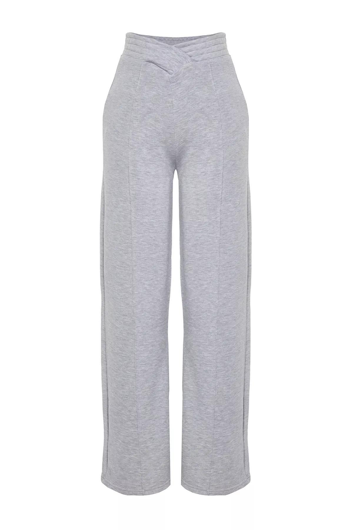 Gray Melange Thick Wide Leg/Wide Legs Waist Detail Knitted Knit Sweatpants TWOAW24EA00036., GRAY MELANGE, large image number 4