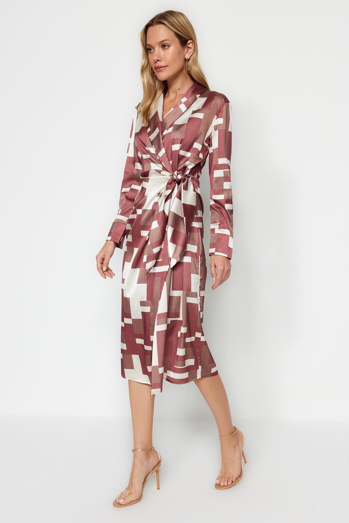 Brown Wrap Midi Tie Detailed Geometric Patterned Woven Dress TWOAW24EL00688, Single item, , large image number 0