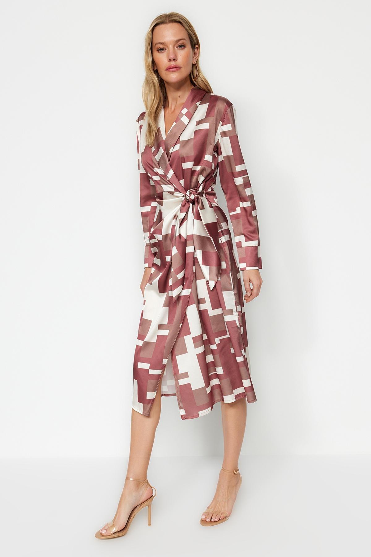 Brown Wrap Midi Tie Detailed Geometric Patterned Woven Dress TWOAW24EL00688, Single item, , large image number 1