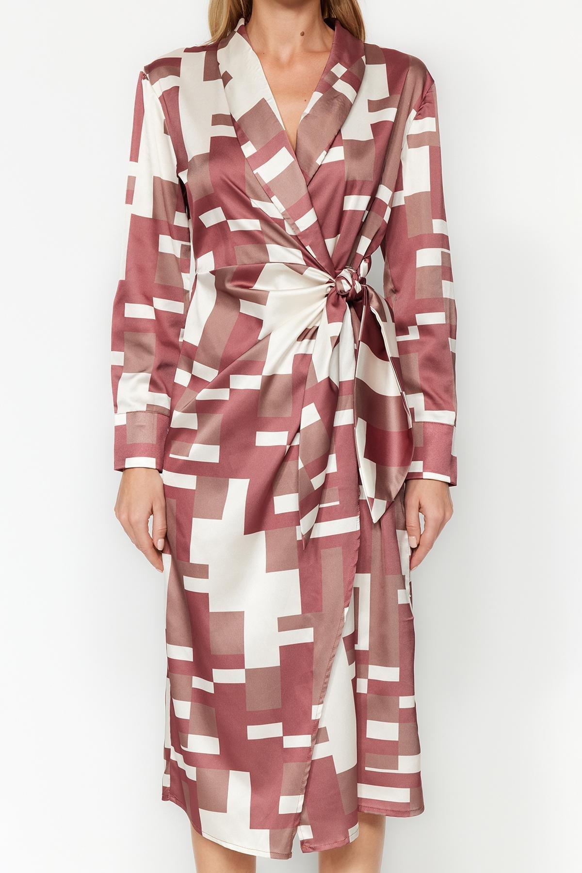 Brown Wrap Midi Tie Detailed Geometric Patterned Woven Dress TWOAW24EL00688, Single item, , large image number 2