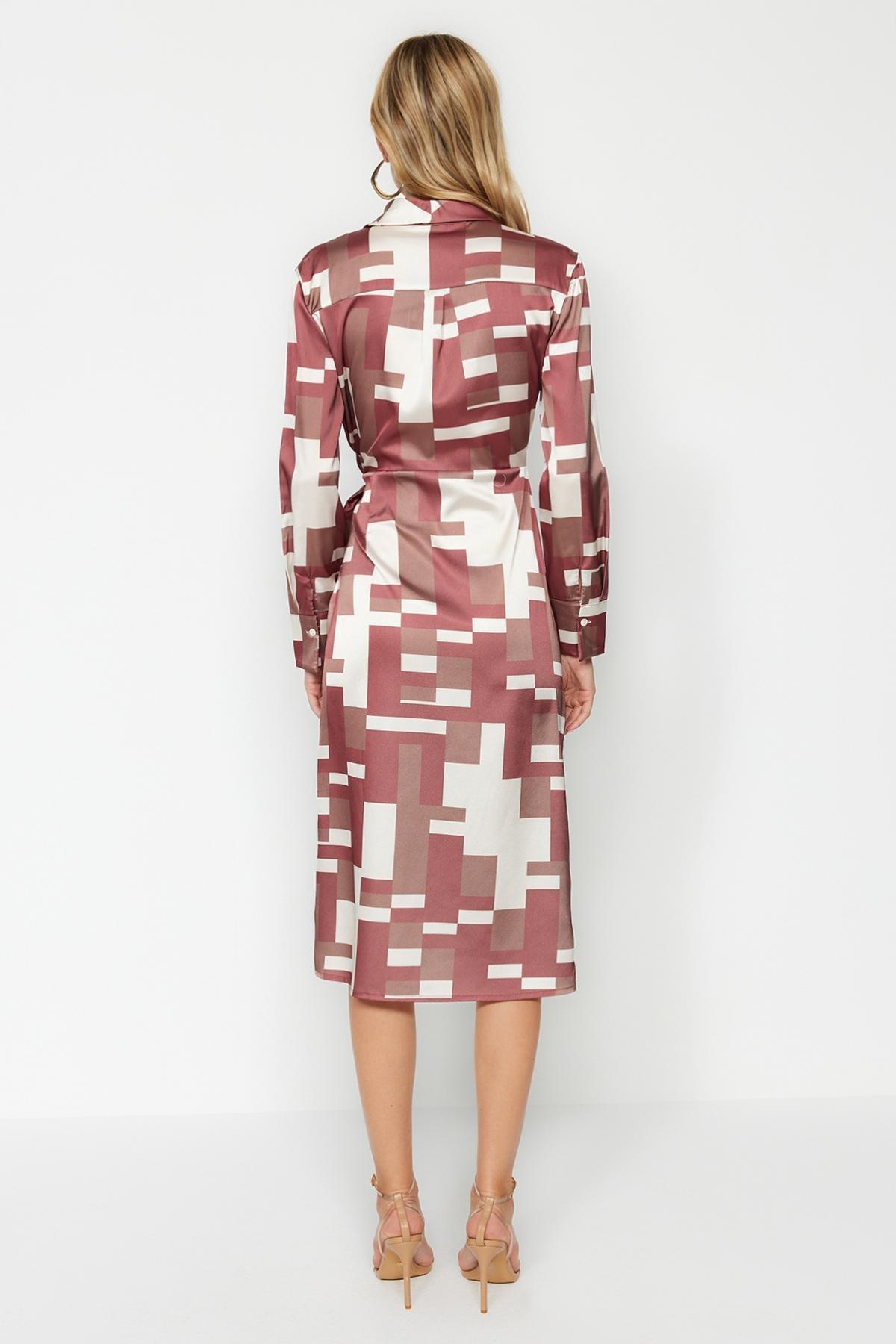 Brown Wrap Midi Tie Detailed Geometric Patterned Woven Dress TWOAW24EL00688, Single item, , large image number 4