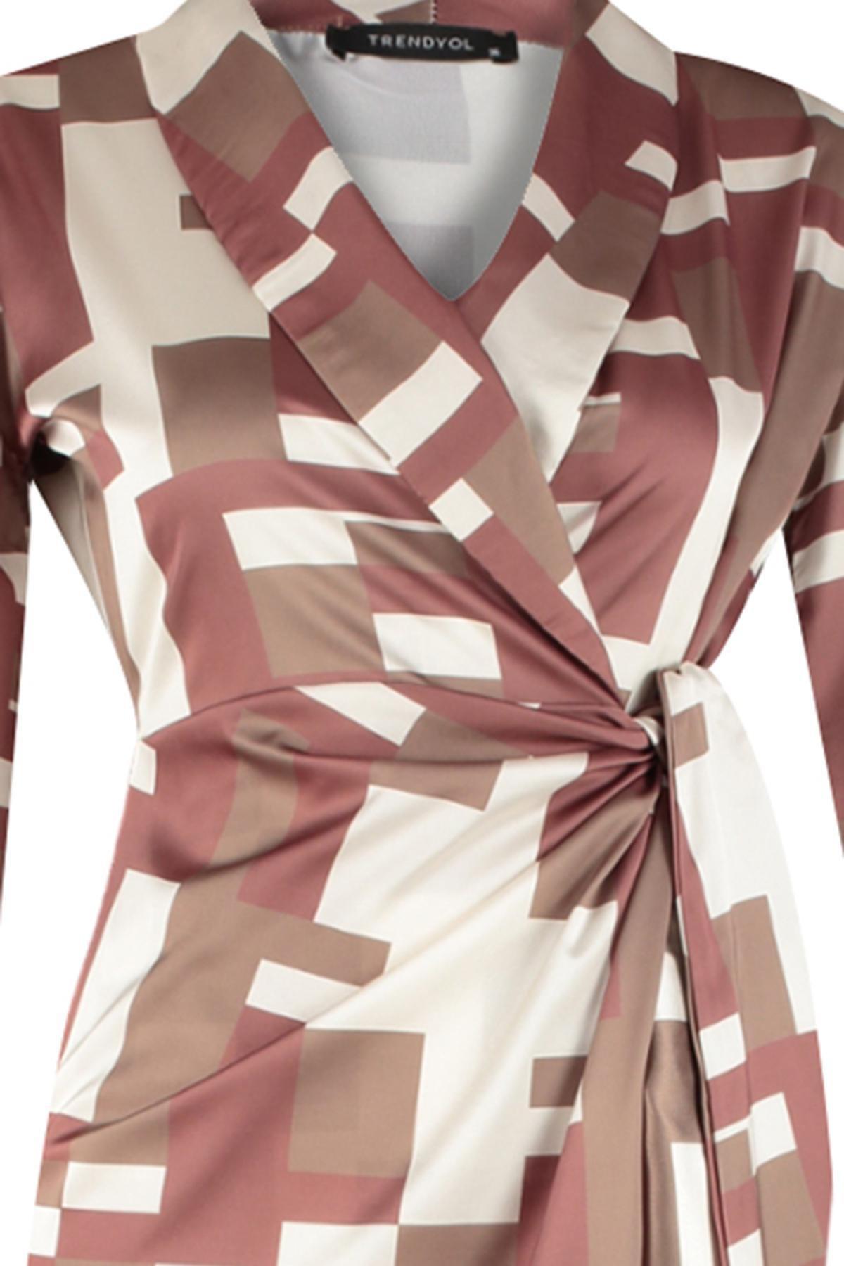 Brown Wrap Midi Tie Detailed Geometric Patterned Woven Dress TWOAW24EL00688, Single item, , large image number 5