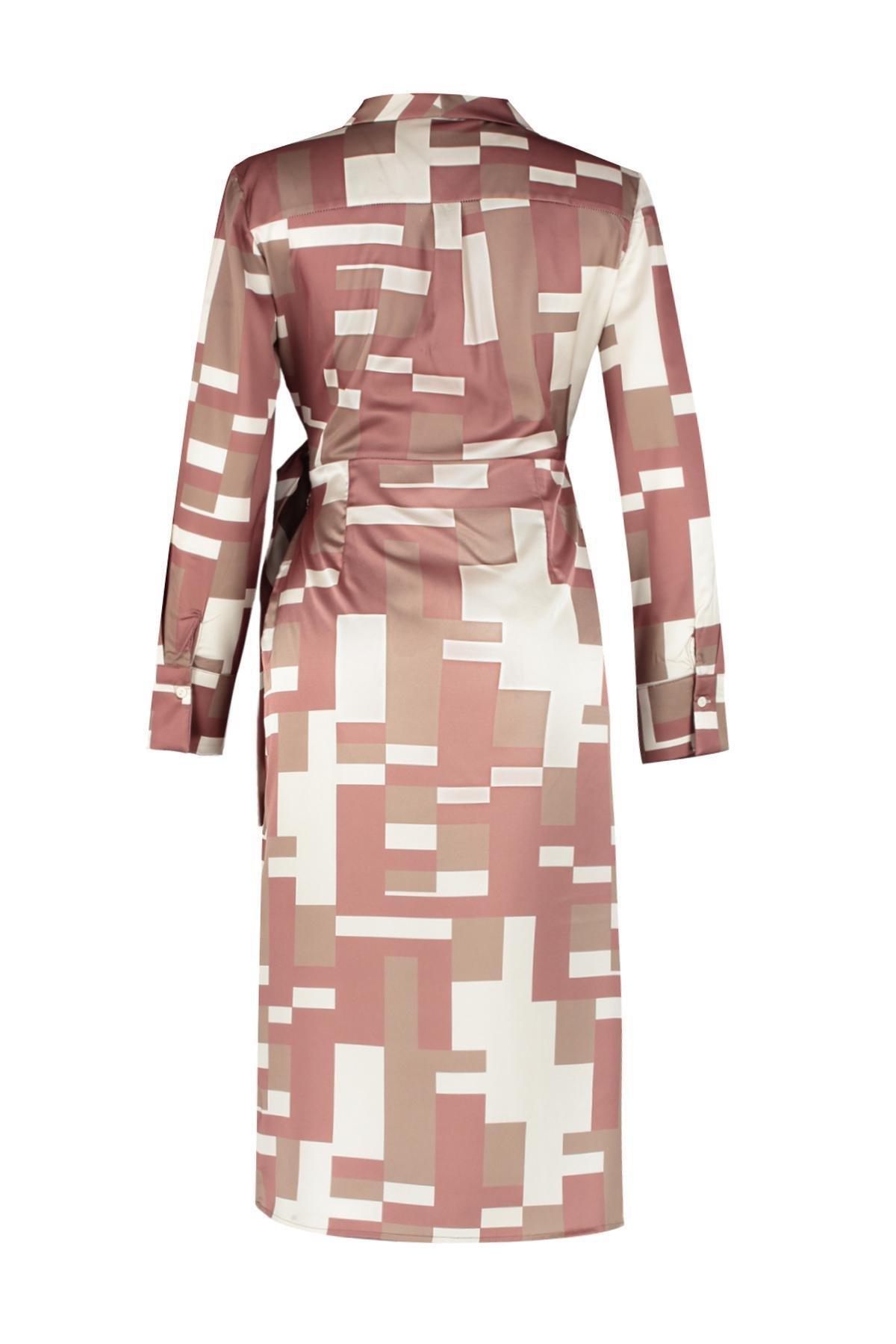 Brown Wrap Midi Tie Detailed Geometric Patterned Woven Dress TWOAW24EL00688, Single item, , large image number 6