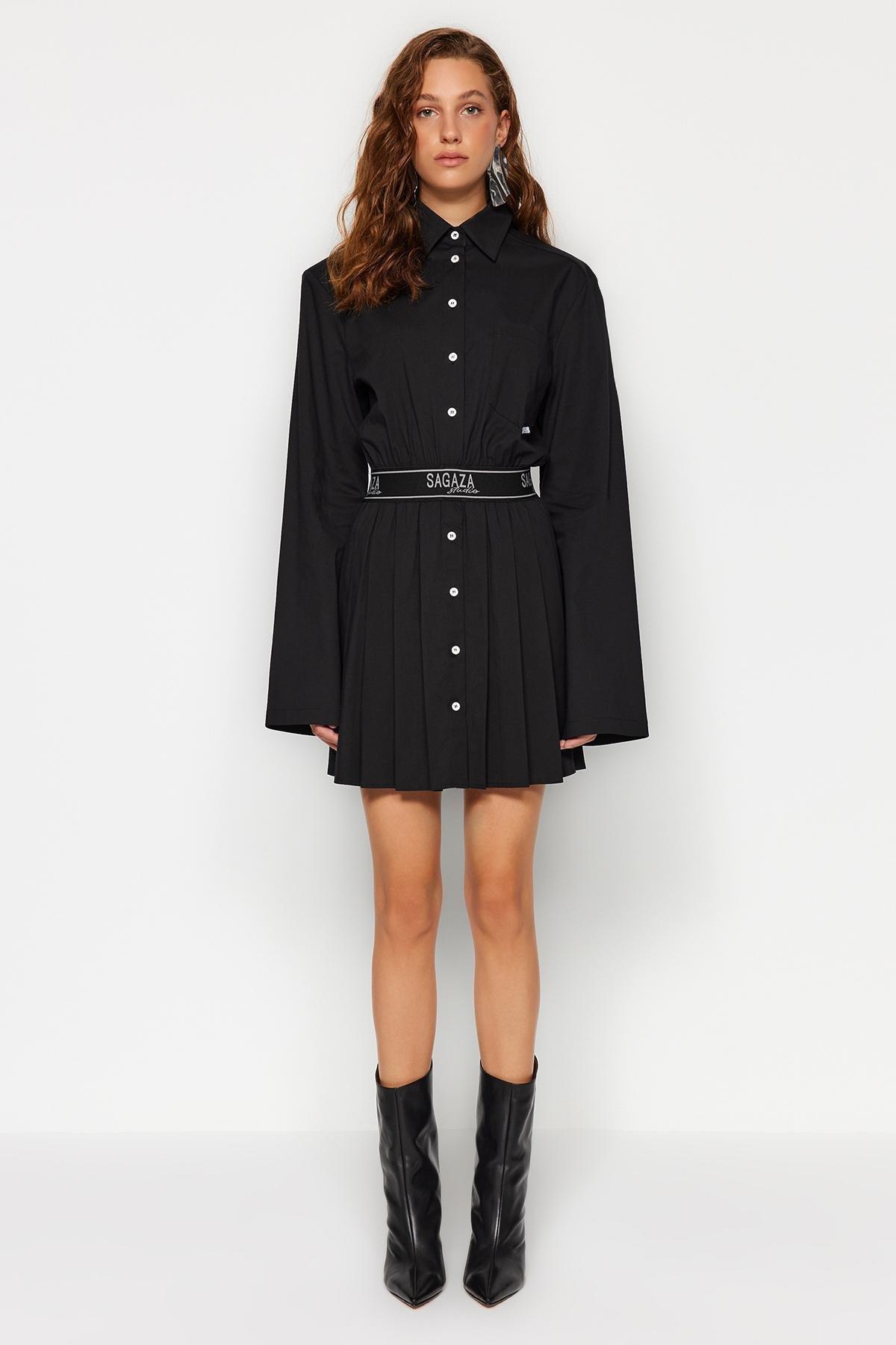 Black Pleated Open Waist Dress, , large image number 1