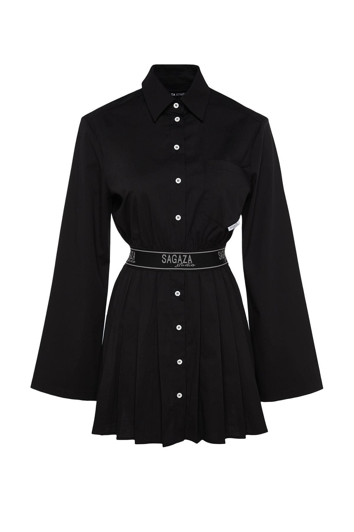 Black Pleated Open Waist Dress, , large image number 6