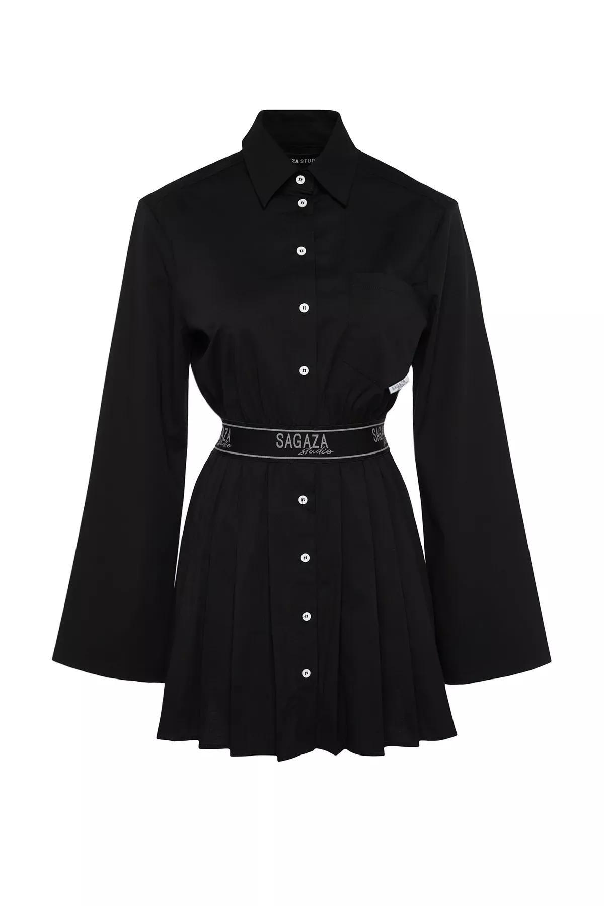 Black Pleated Open Waist Dress, BLACK, large image number 7
