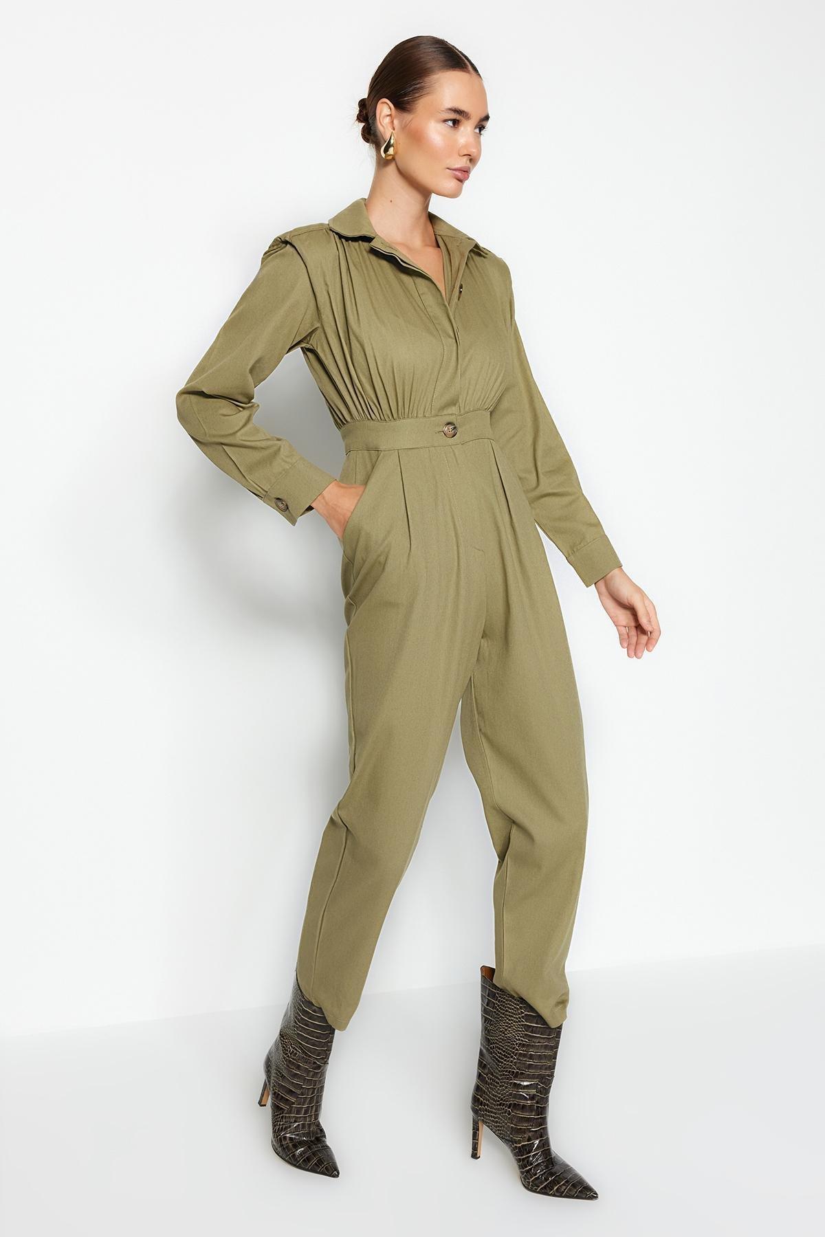 Trendyol - Khaki Padded Shoulder Shirt Collar Overall