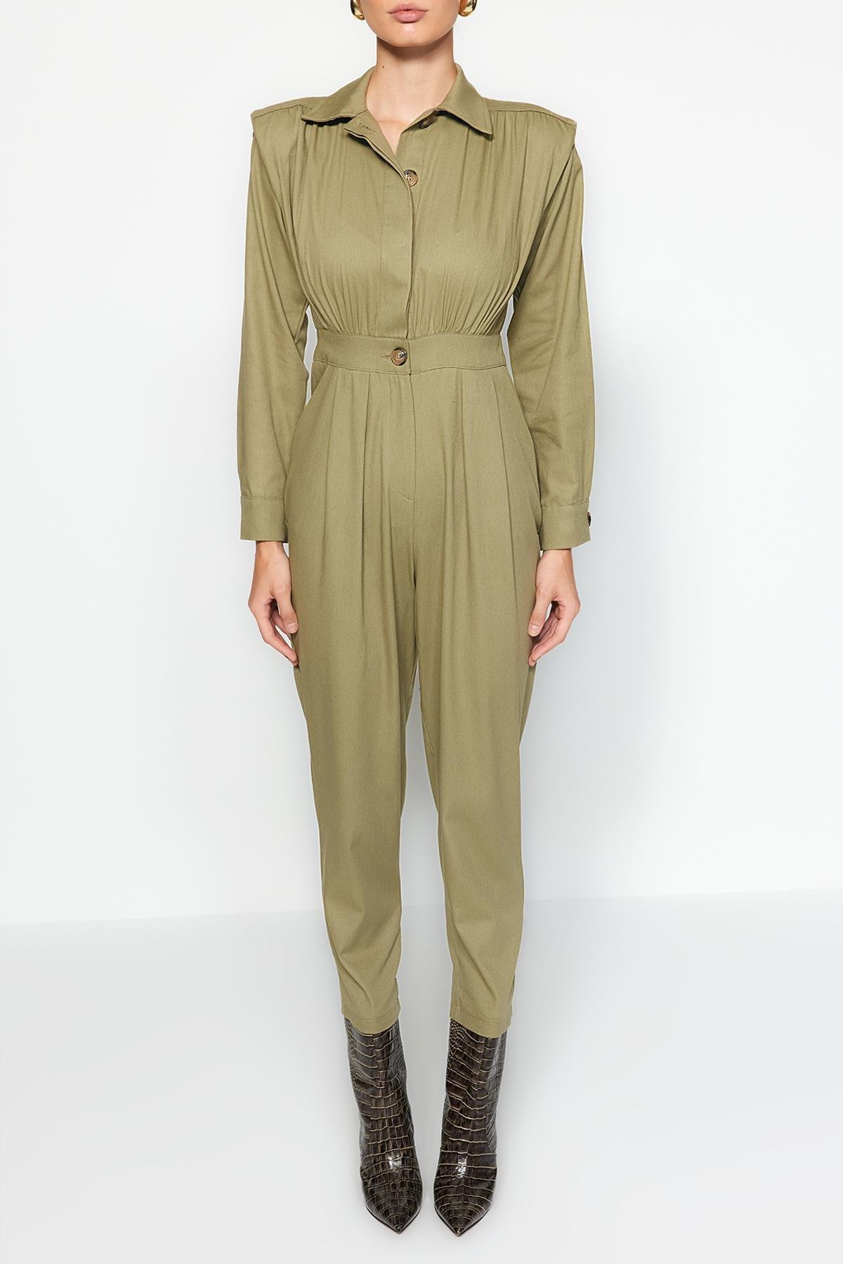 Trendyol - Khaki Padded Shoulder Shirt Collar Overall