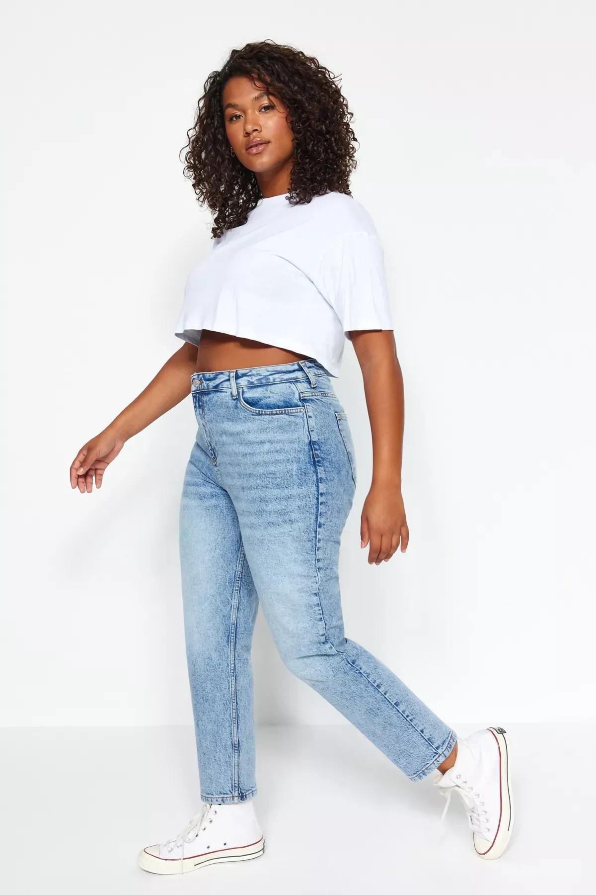 Blue High Waist Mom Jeans, Blue, large image number 0