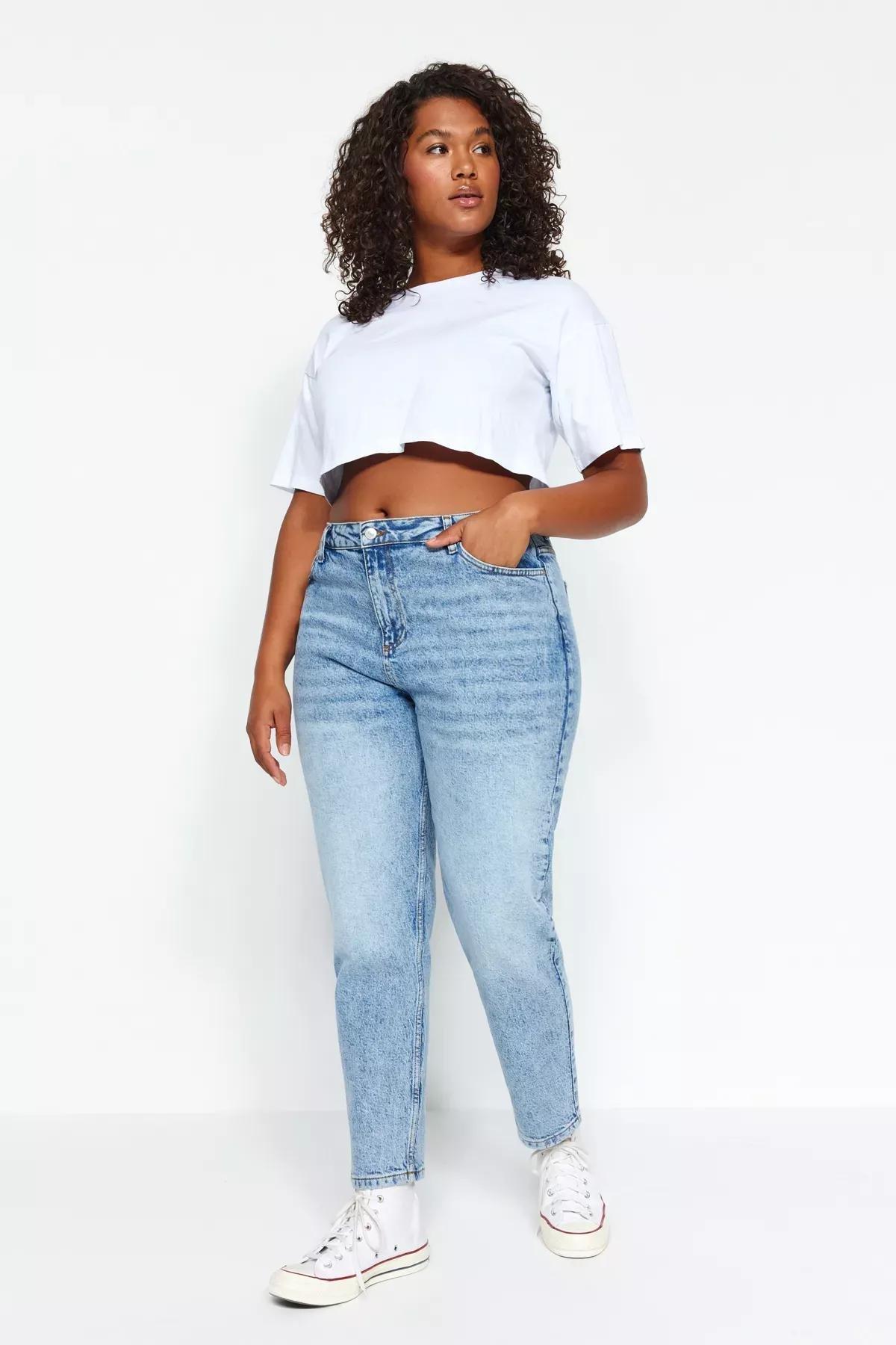 Blue High Waist Mom Jeans, Blue, large image number 1