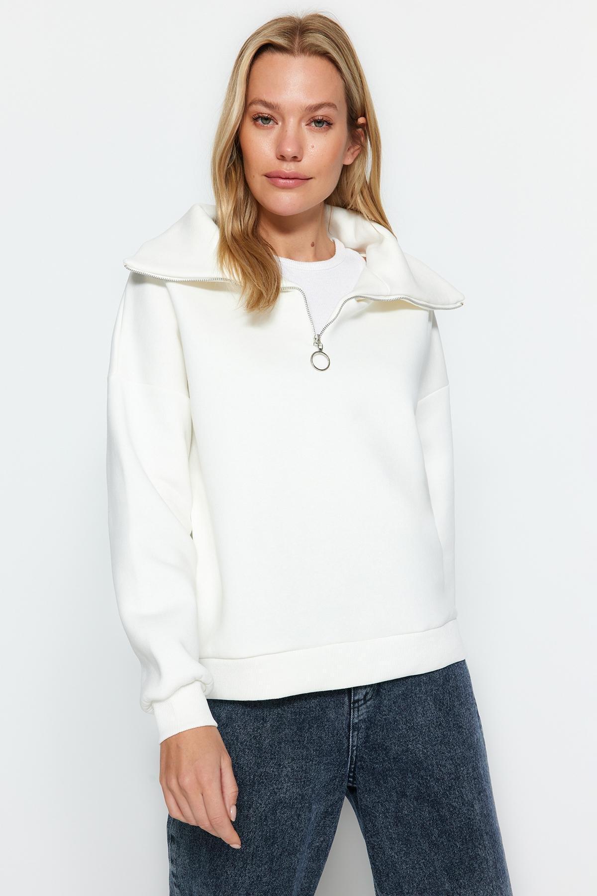 White Zippered Standing Collar Knitted Sweatshirt, Ecru, large image number 0