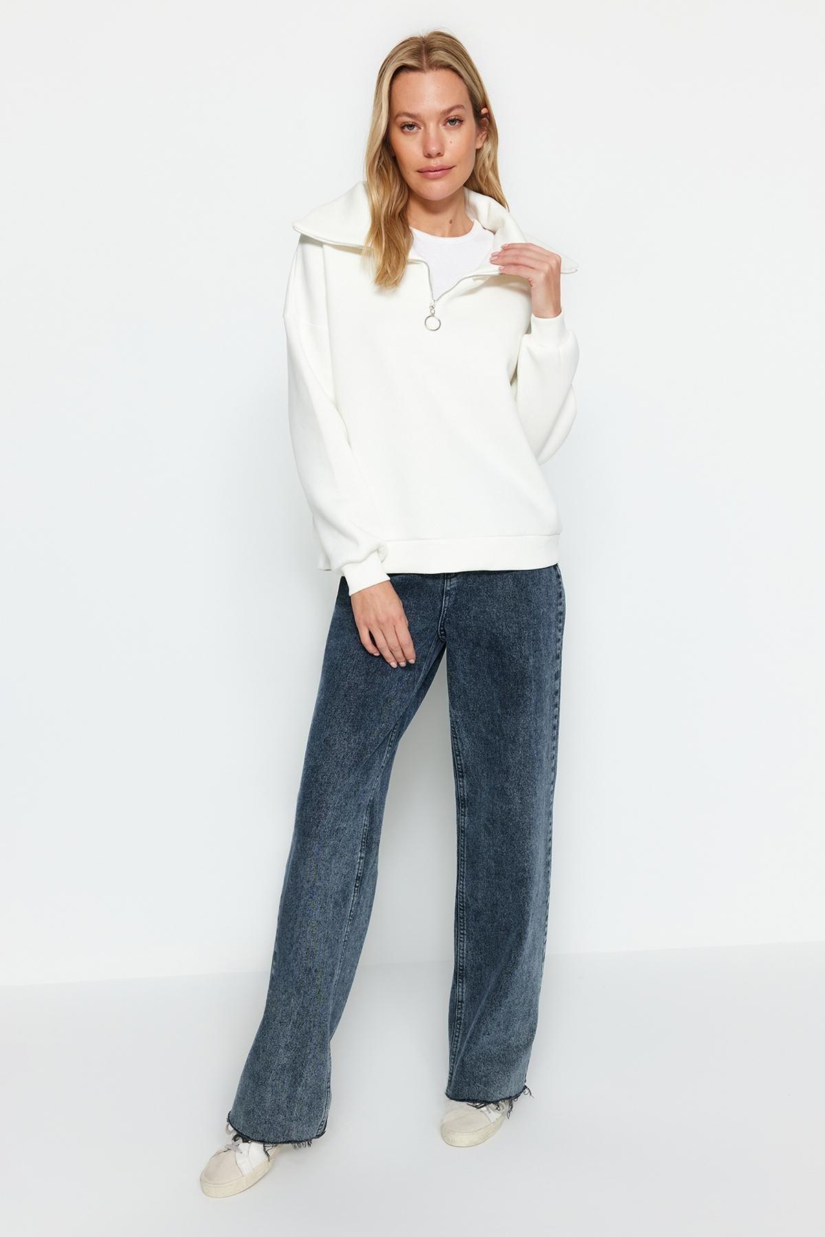 White Zippered Standing Collar Knitted Sweatshirt, Ecru, large image number 1