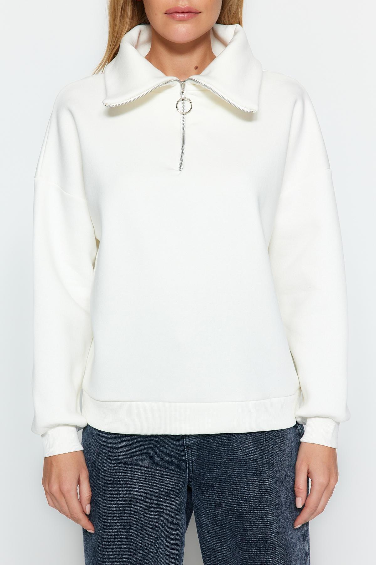 White Zippered Standing Collar Knitted Sweatshirt, Ecru, large image number 3