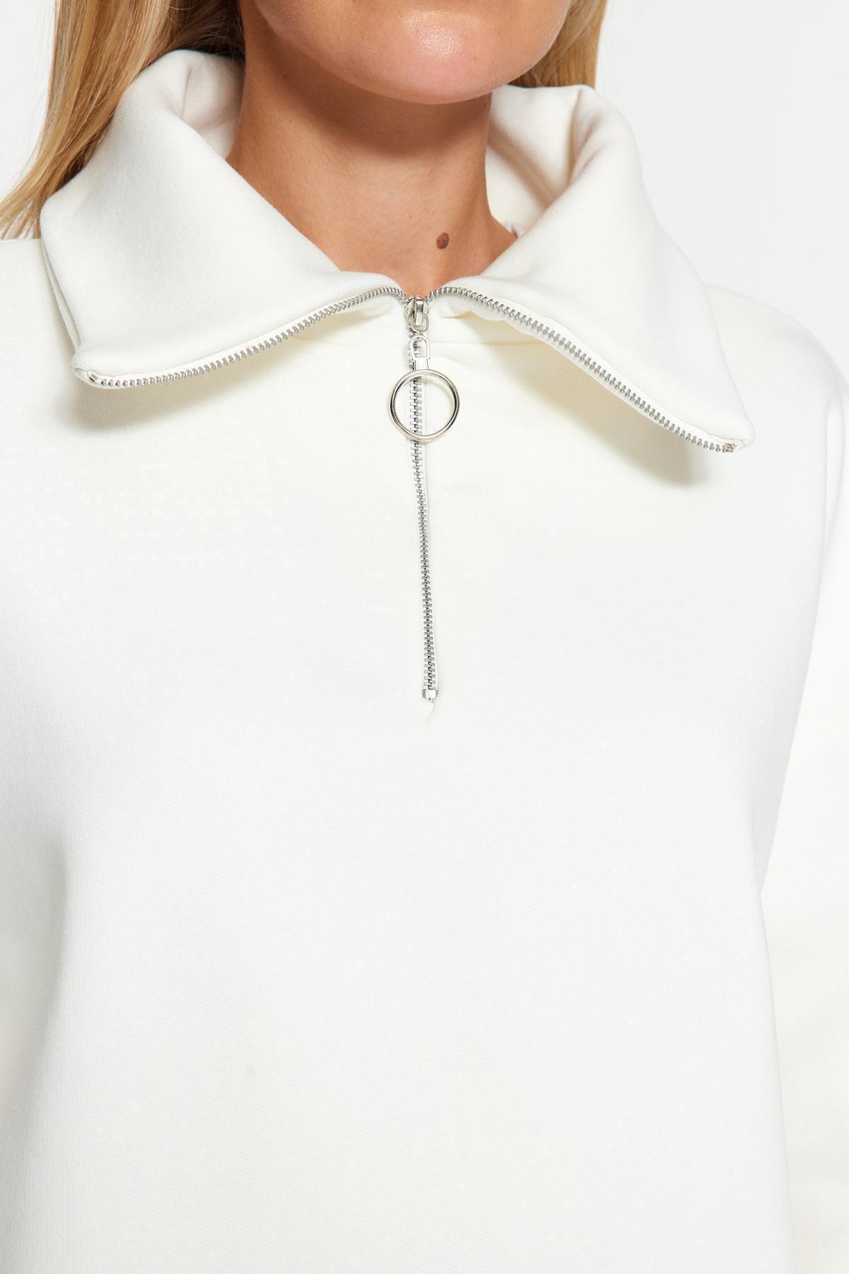 White Zippered Standing Collar Knitted Sweatshirt, Ecru, large image number 4