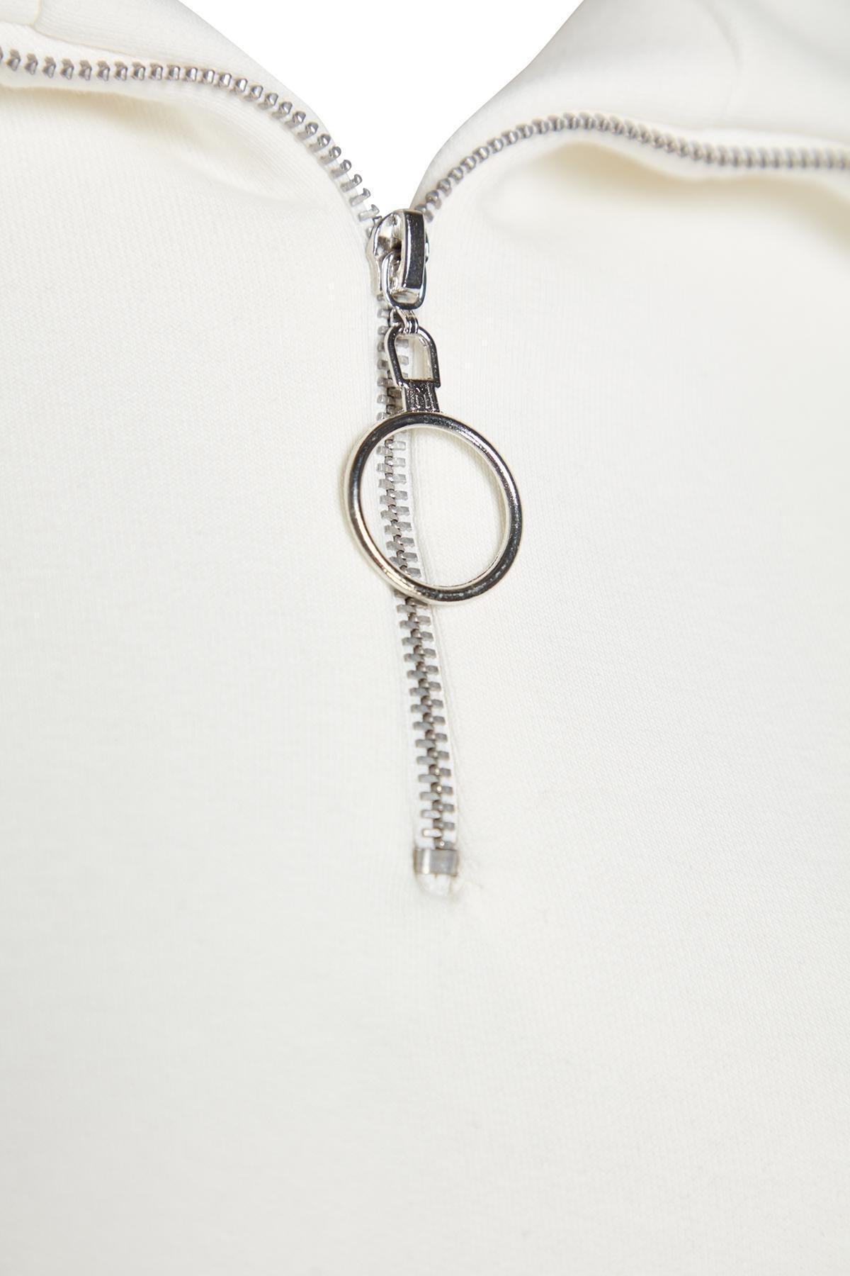 White Zippered Standing Collar Knitted Sweatshirt, Ecru, large image number 6