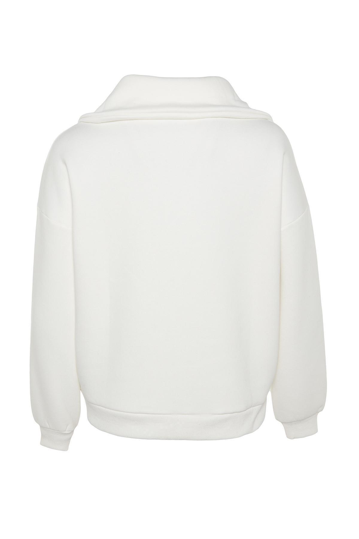 White Zippered Standing Collar Knitted Sweatshirt, Ecru, large image number 7