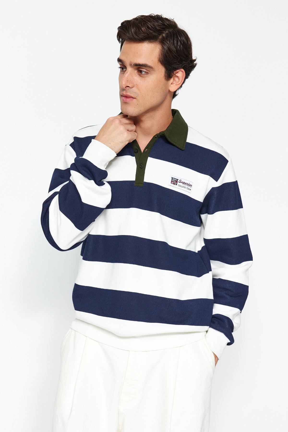 Navy Collared Striped Sweatshirt, , large image number 0