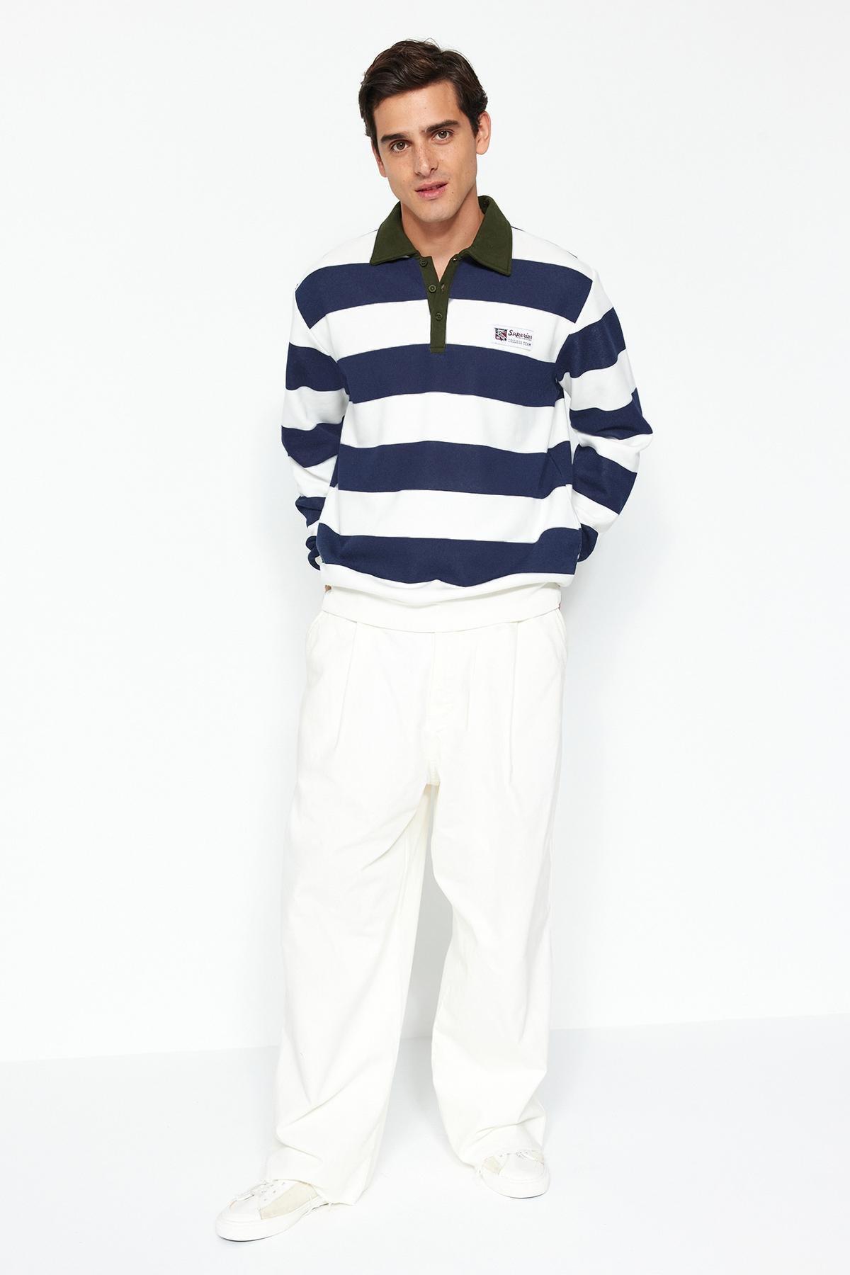 Navy Collared Striped Sweatshirt, , large image number 1