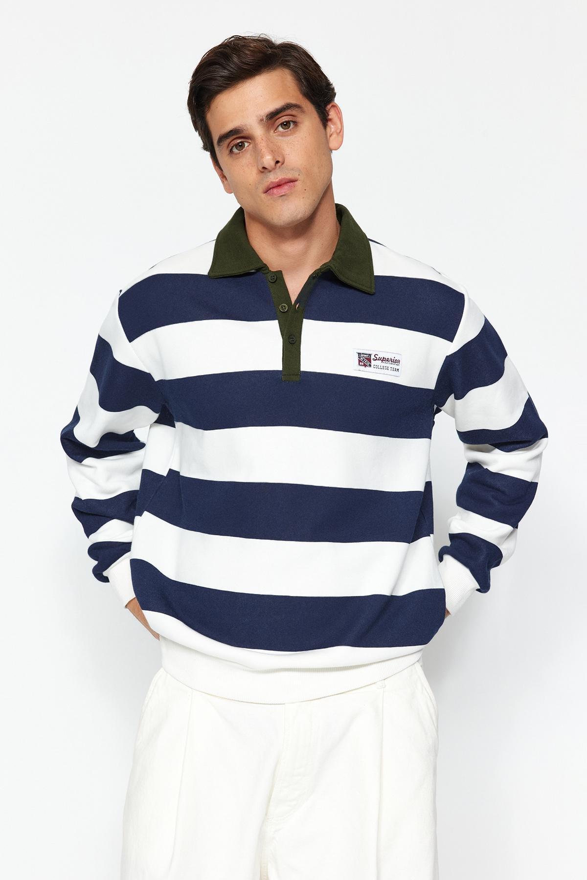 Navy Collared Striped Sweatshirt, , large image number 2