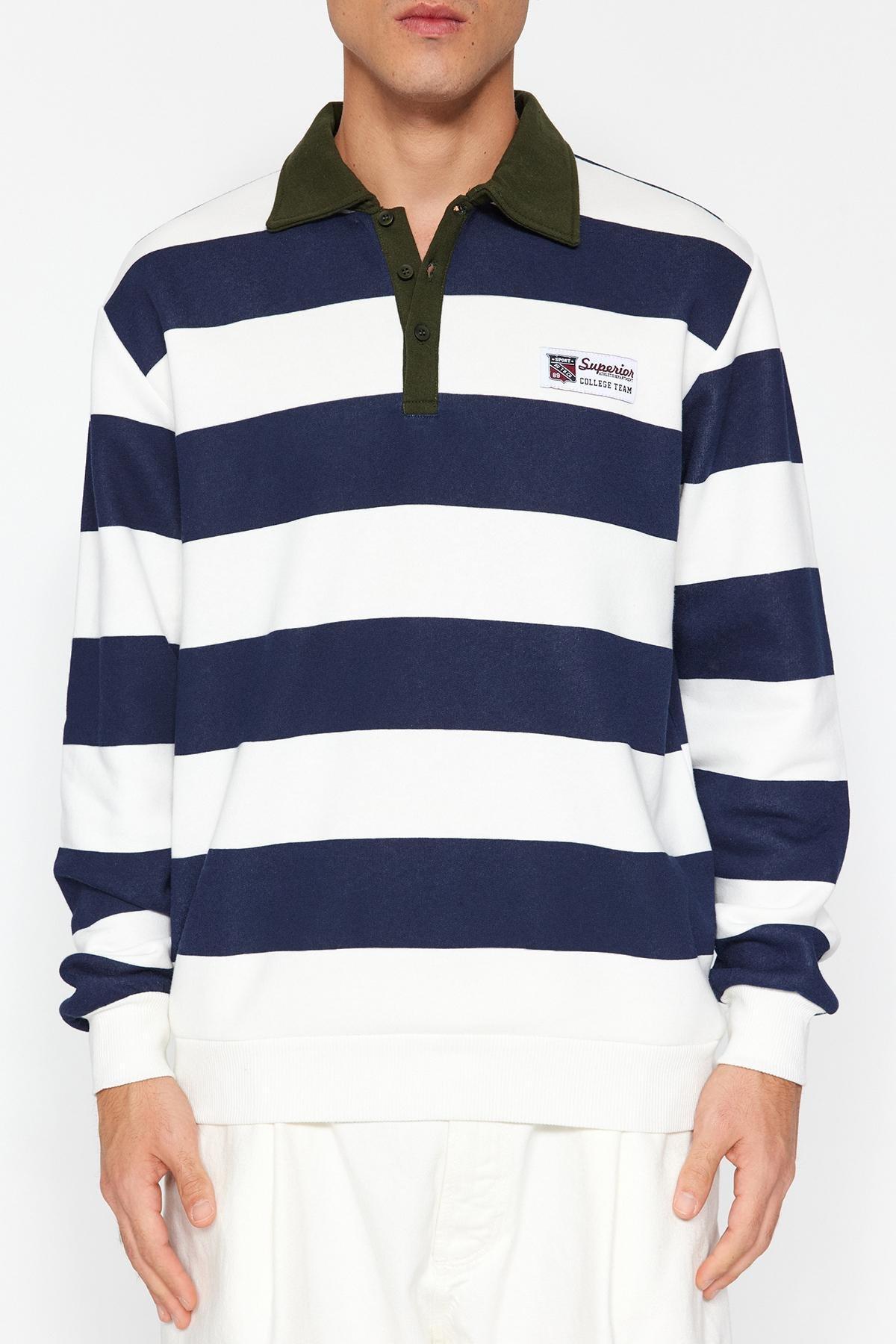 Navy Collared Striped Sweatshirt, , large image number 3