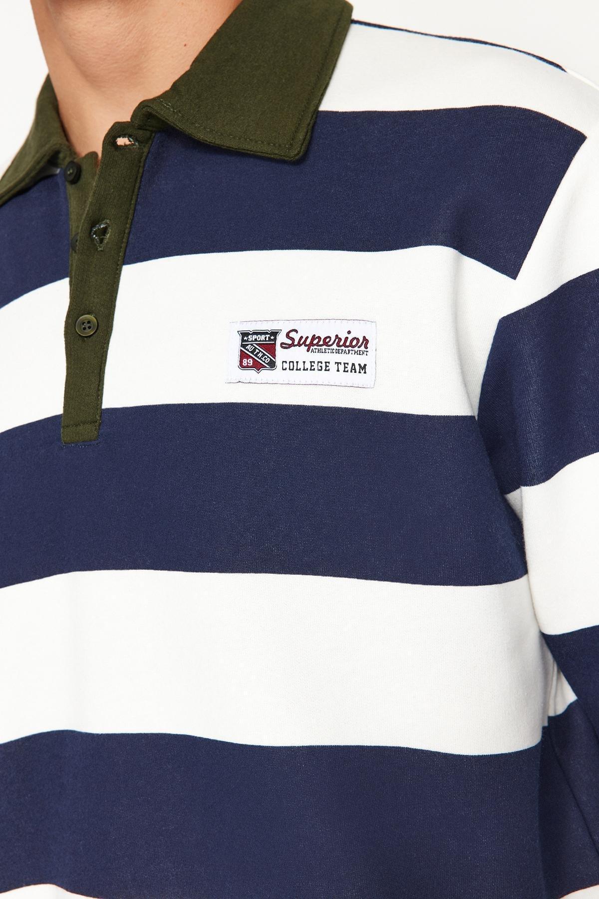 Navy Collared Striped Sweatshirt, , large image number 4