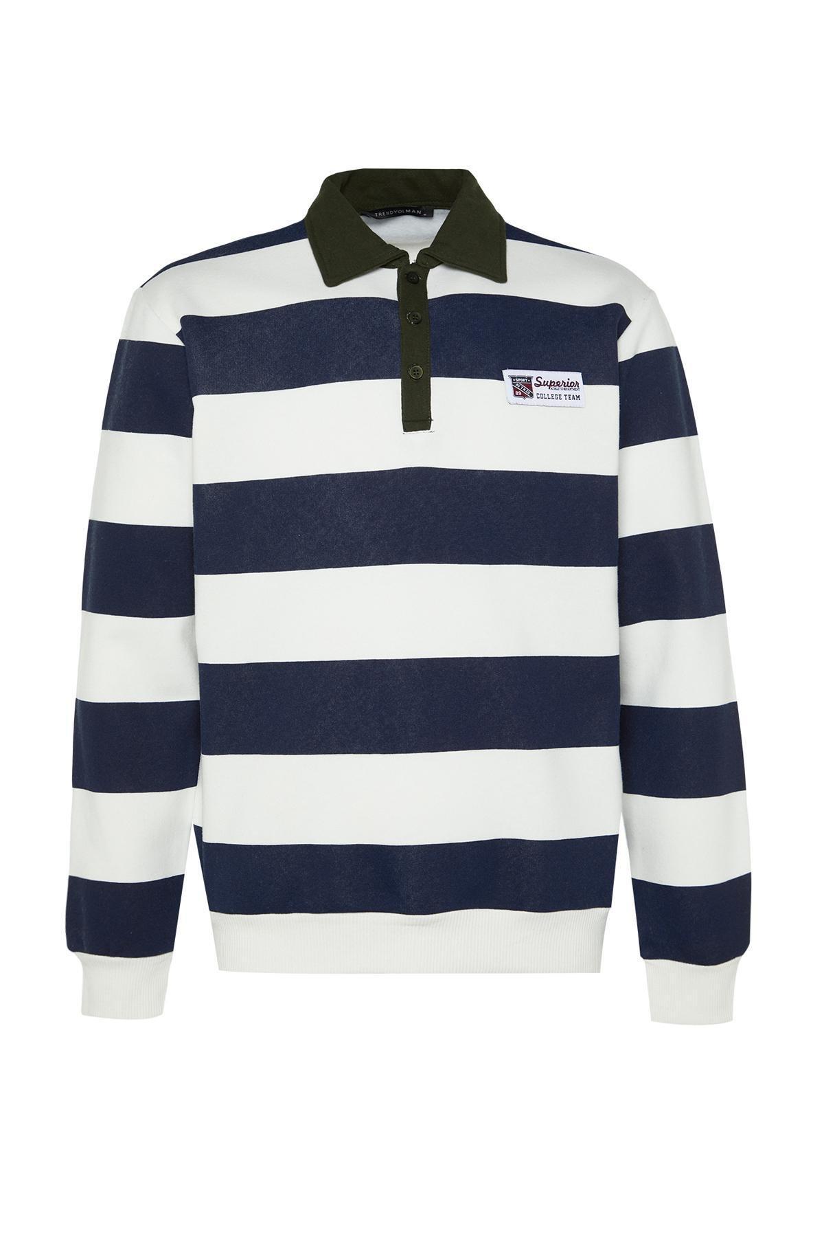 Navy Collared Striped Sweatshirt, , large image number 5