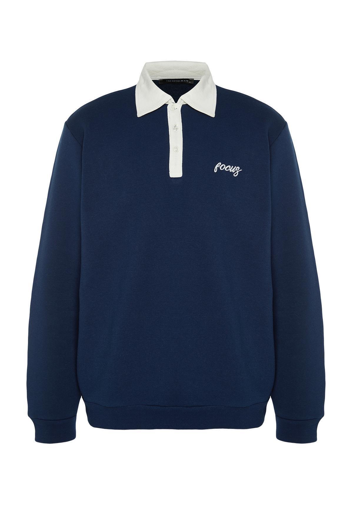 Trendyol - Navy Polo Collar Embroidered Sweatshirt.<br>