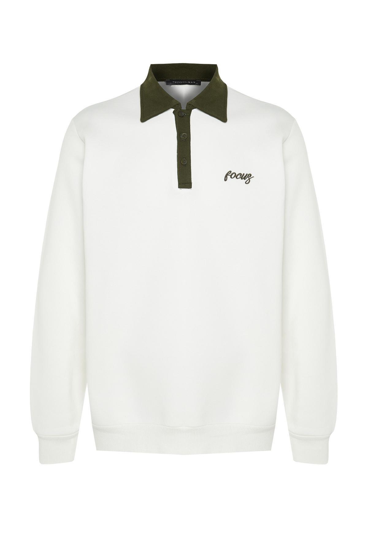 White Collared Embroidered Sweatshirt, , large image number 5