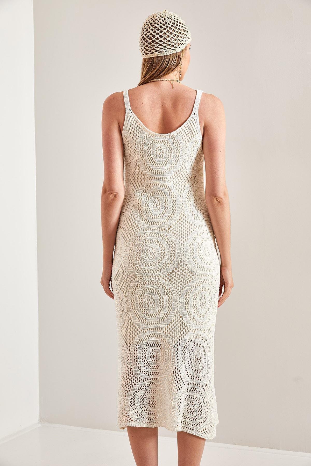 Ecru Round Patterned Strappy Knitwear Dress, Ecru, large image number 3