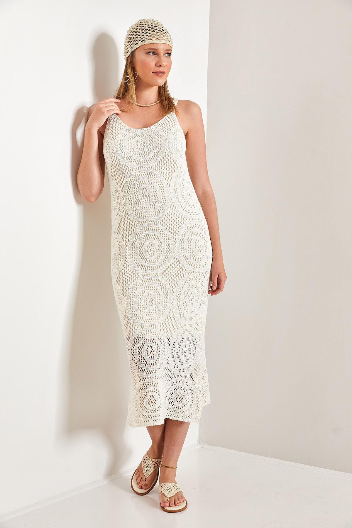 Ecru Round Patterned Strappy Knitwear Dress, Ecru, large image number 4