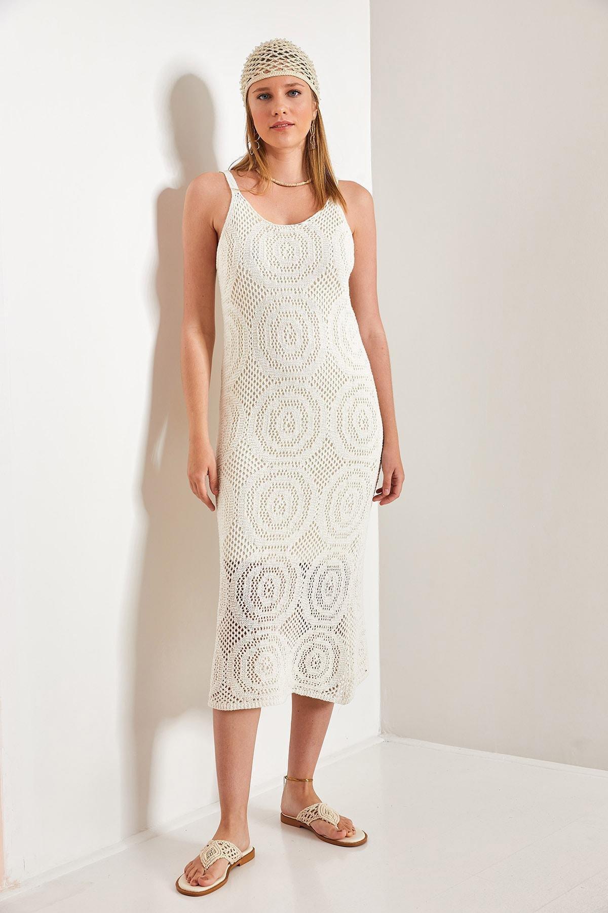 Ecru Round Patterned Strappy Knitwear Dress, Ecru, large image number 5