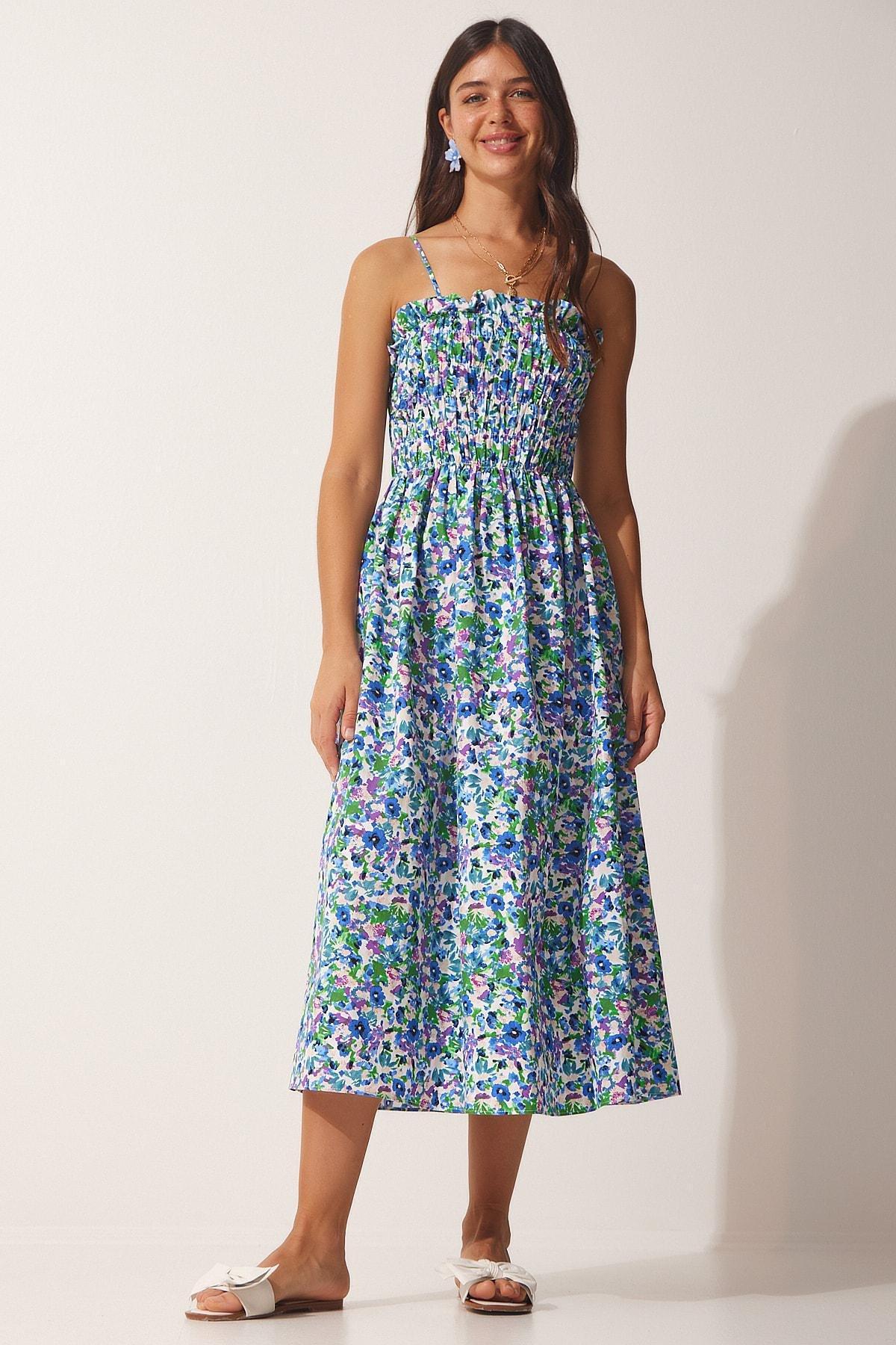 Happiness Istanbul - Blue Purple Patterned Summer Poplin Dress