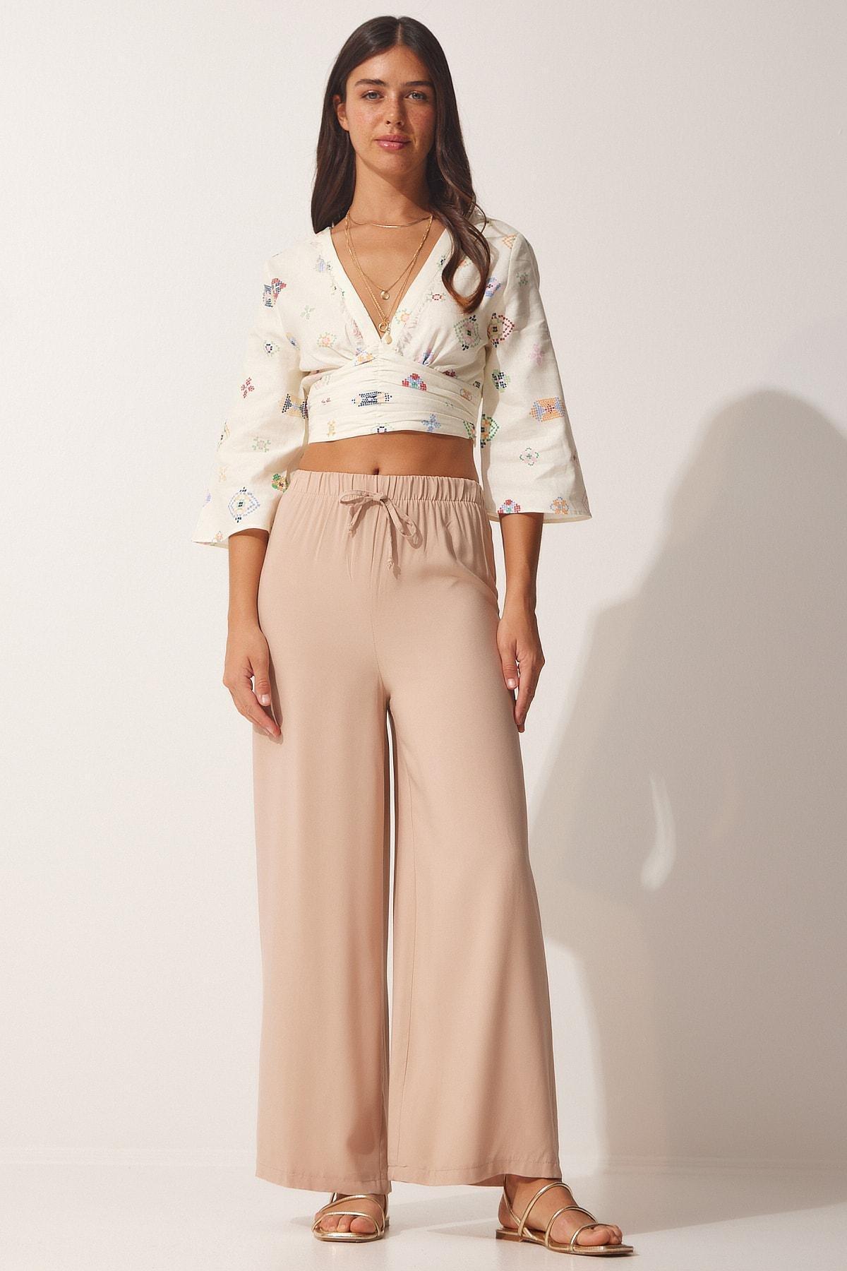 Beige Cotton Viscose Palazzo Trousers, , large image number 0