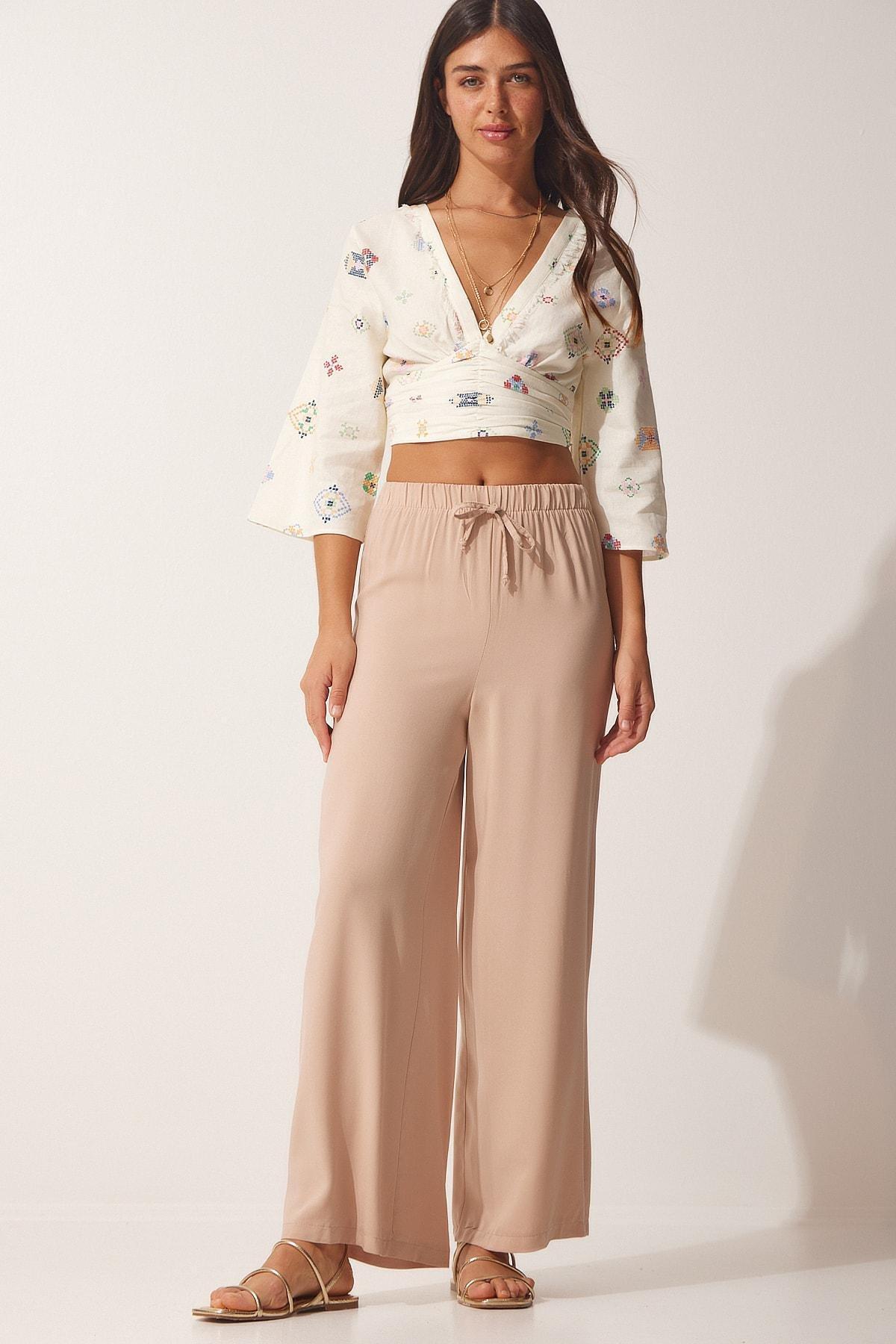 Beige Cotton Viscose Palazzo Trousers, , large image number 1