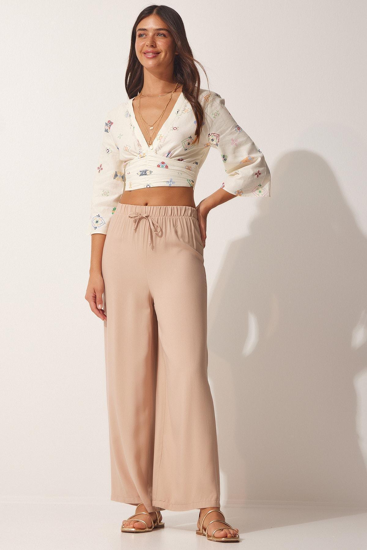 Beige Cotton Viscose Palazzo Trousers, , large image number 2